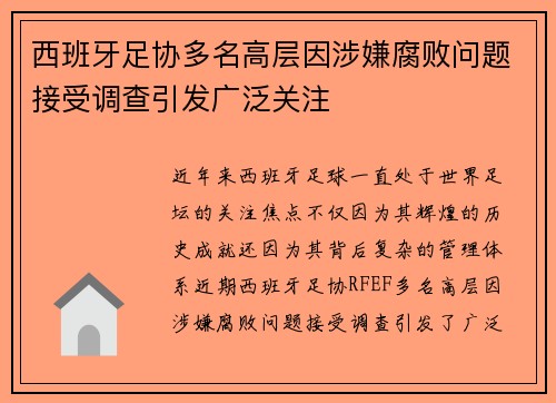 西班牙足协多名高层因涉嫌腐败问题接受调查引发广泛关注