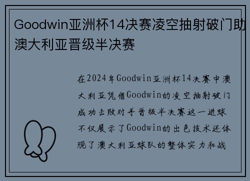 Goodwin亚洲杯14决赛凌空抽射破门助澳大利亚晋级半决赛 Goodwin亚洲杯14决赛凌空抽射破门助澳大利亚晋级半决赛